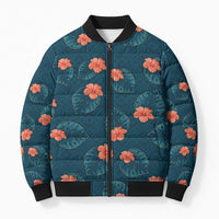 Hawaii Monstera Bomber Puffer Jacket Hibiscus Flowers Simple Style DT05 Unisex Dark Teal - Polynesian Pride