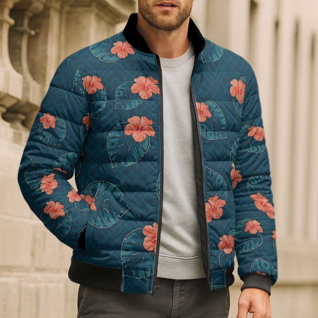 Hawaii Monstera Bomber Puffer Jacket Hibiscus Flowers Simple Style DT05 - Polynesian Pride