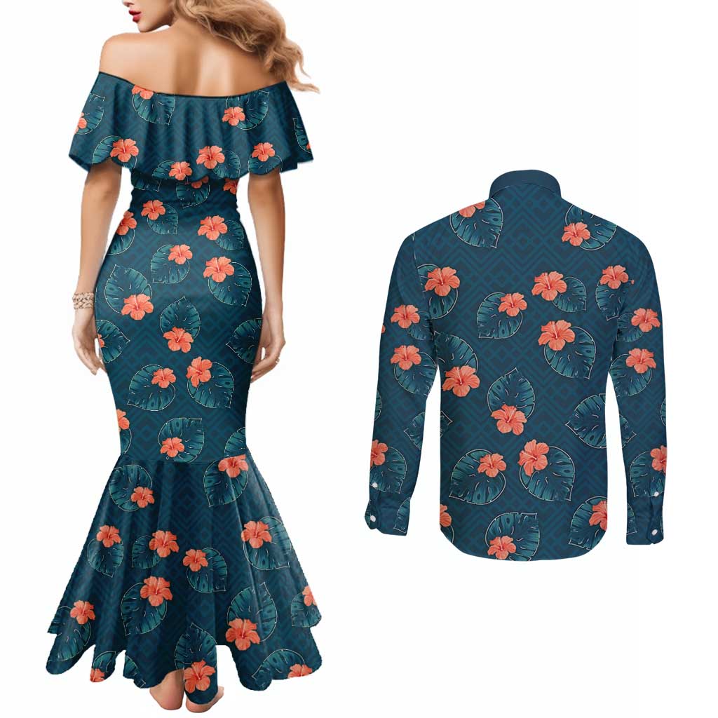 Hawaii Monstera Couples Matching Mermaid Dress and Long Sleeve Button Shirt Hibiscus Flowers Simple Style - Polynesian Pride