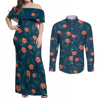 Hawaii Monstera Couples Matching Off Shoulder Maxi Dress and Long Sleeve Button Shirt Hibiscus Flowers Simple Style DT05 Dark Teal - Polynesian Pride