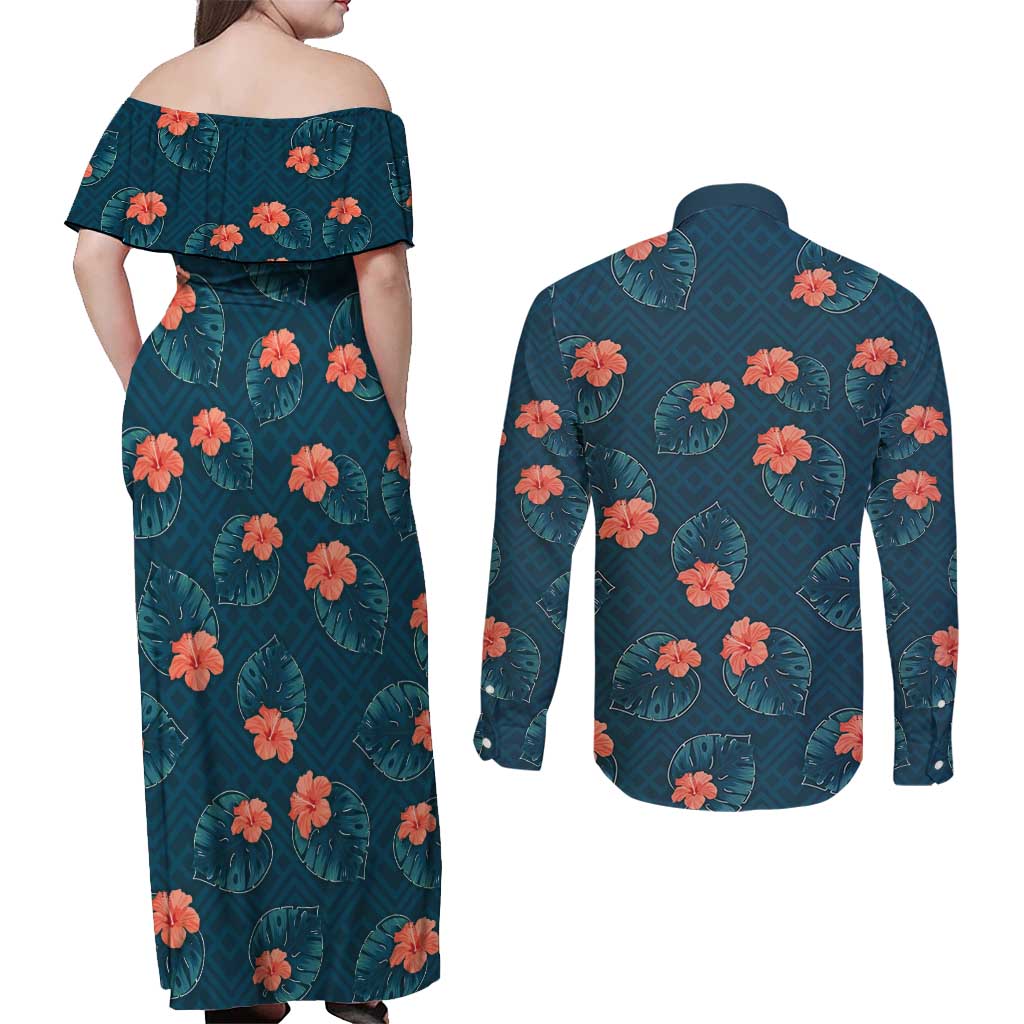 Hawaii Monstera Couples Matching Off Shoulder Maxi Dress and Long Sleeve Button Shirt Hibiscus Flowers Simple Style DT05 - Polynesian Pride