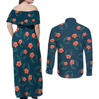 Hawaii Monstera Couples Matching Off Shoulder Maxi Dress and Long Sleeve Button Shirt Hibiscus Flowers Simple Style DT05 - Polynesian Pride