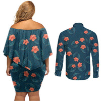 Hawaii Monstera Couples Matching Off Shoulder Short Dress and Long Sleeve Button Shirt Hibiscus Flowers Simple Style - Polynesian Pride