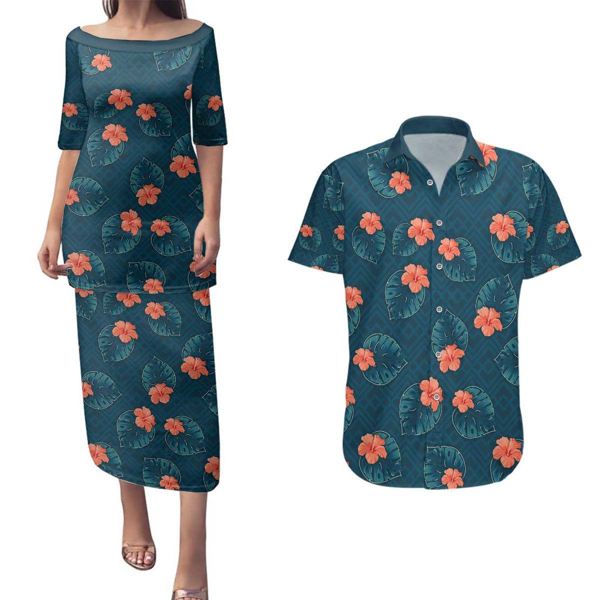Hawaii Monstera Couples Matching Puletasi and Hawaiian Shirt Hibiscus Flowers Simple Style - Polynesian Pride