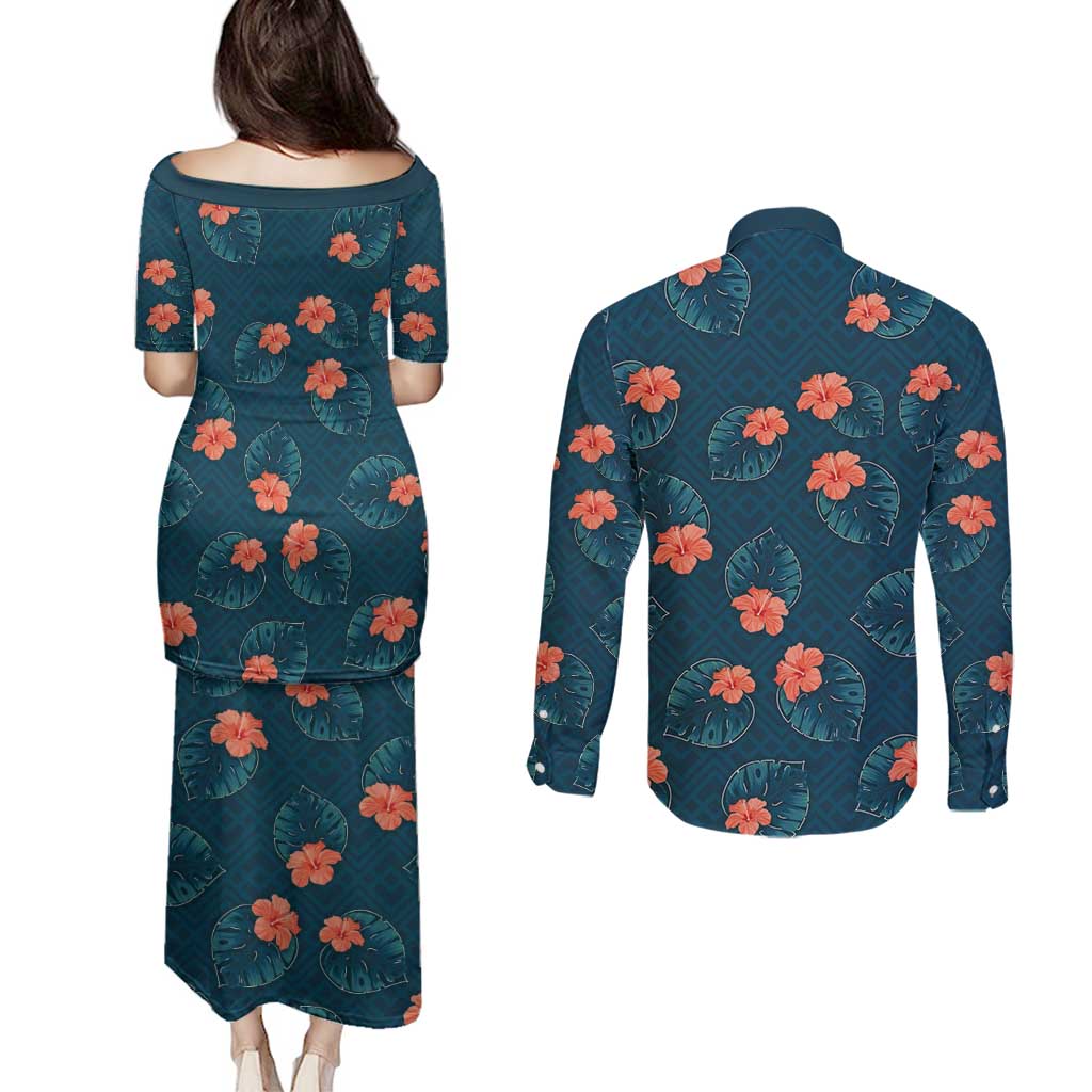 Hawaii Monstera Couples Matching Puletasi and Long Sleeve Button Shirt Hibiscus Flowers Simple Style - Polynesian Pride