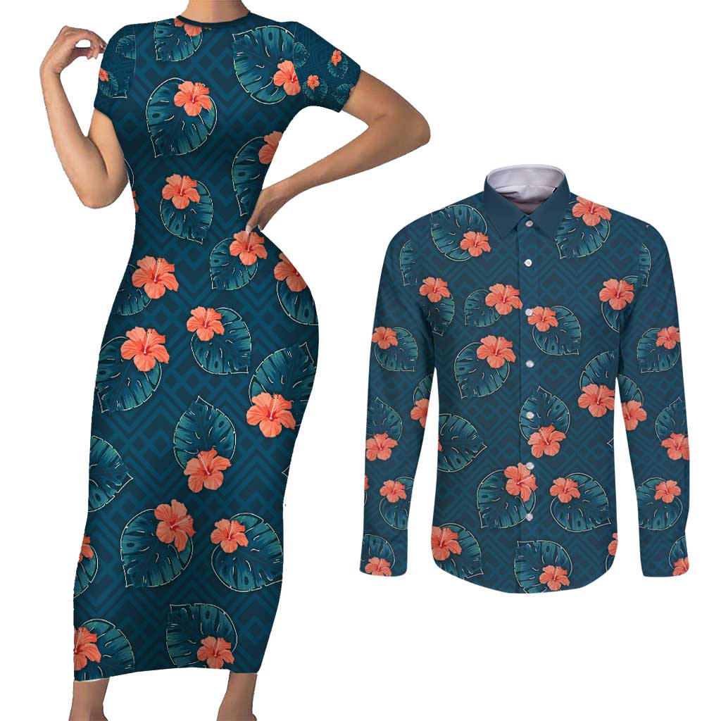 Hawaii Monstera Couples Matching Short Sleeve Bodycon Dress and Long Sleeve Button Shirt Hibiscus Flowers Simple Style - Polynesian Pride