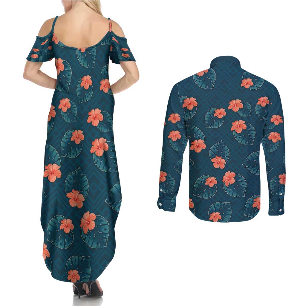Hawaii Monstera Couples Matching Summer Maxi Dress and Long Sleeve Button Shirt Hibiscus Flowers Simple Style - Polynesian Pride