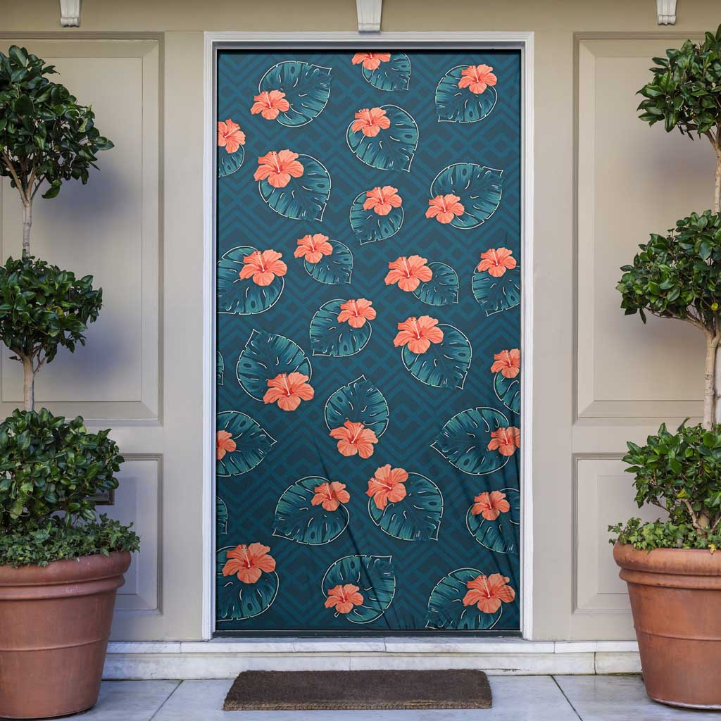 Hawaii Monstera Door Cover Hibiscus Flowers Simple Style - Polynesian Pride