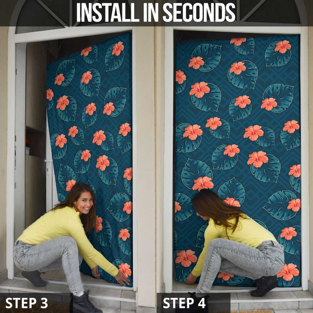 Hawaii Monstera Door Cover Hibiscus Flowers Simple Style - Polynesian Pride