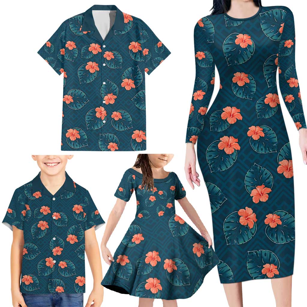Hawaii Monstera Family Matching Long Sleeve Bodycon Dress and Hawaiian Shirt Hibiscus Flowers Simple Style DT05 - Polynesian Pride