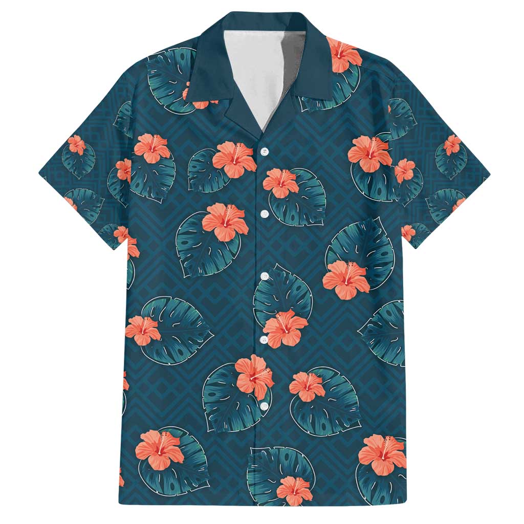 Hawaii Monstera Family Matching Long Sleeve Bodycon Dress and Hawaiian Shirt Hibiscus Flowers Simple Style DT05 Dad's Shirt - Short Sleeve Dark Teal - Polynesian Pride