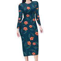 Hawaii Monstera Family Matching Long Sleeve Bodycon Dress and Hawaiian Shirt Hibiscus Flowers Simple Style DT05 Mom's Dress Dark Teal - Polynesian Pride
