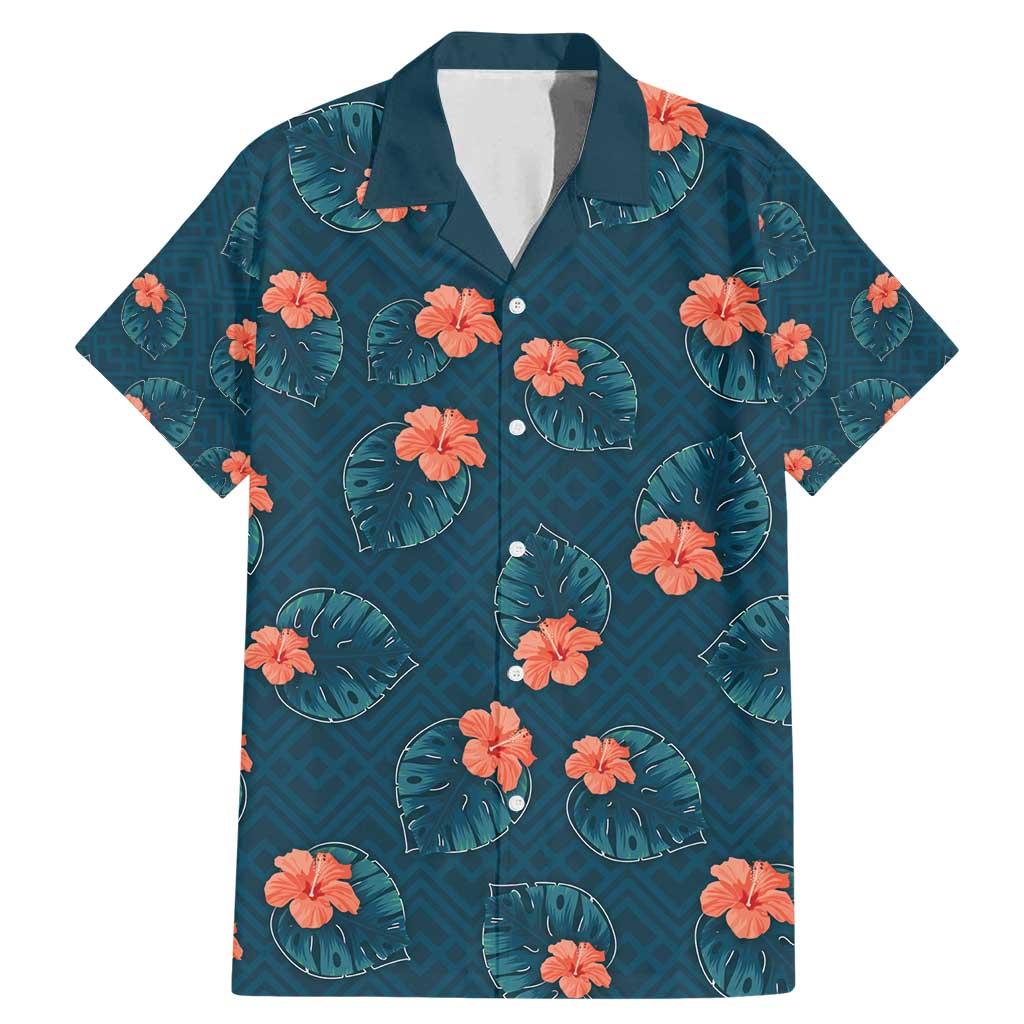 Hawaii Monstera Family Matching Mermaid Dress and Hawaiian Shirt Hibiscus Flowers Simple Style DT05 Dad's Shirt - Short Sleeve Dark Teal - Polynesian Pride