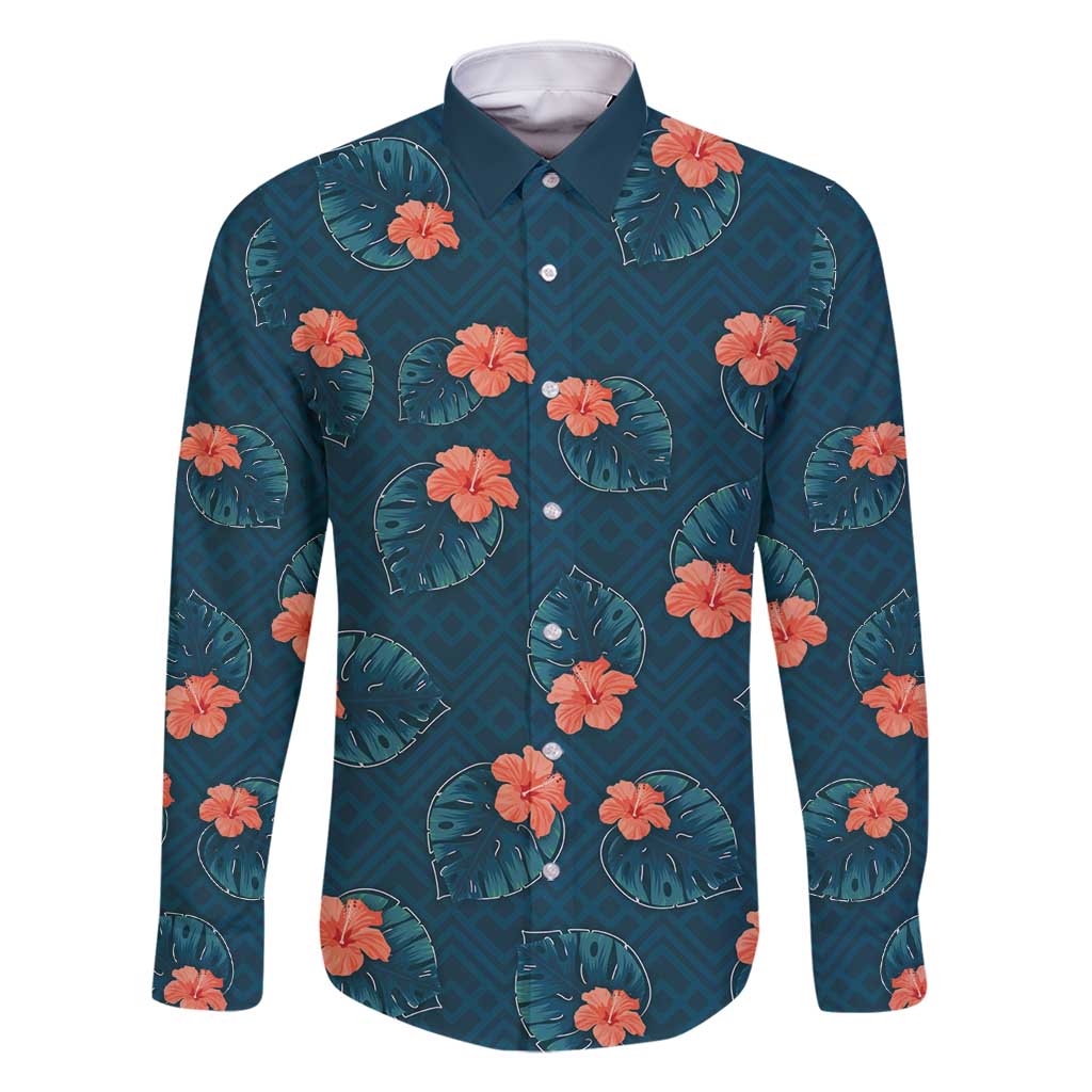 Hawaii Monstera Family Matching Mermaid Dress and Hawaiian Shirt Hibiscus Flowers Simple Style DT05 Dad's Shirt - Long Sleeve Dark Teal - Polynesian Pride
