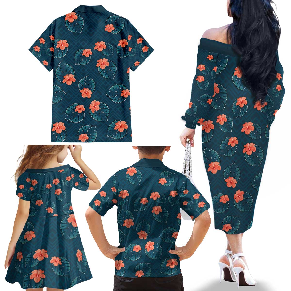 Hawaii Monstera Family Matching Off The Shoulder Long Sleeve Dress and Hawaiian Shirt Hibiscus Flowers Simple Style DT05 - Polynesian Pride