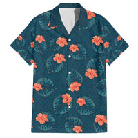 Hawaii Monstera Family Matching Off The Shoulder Long Sleeve Dress and Hawaiian Shirt Hibiscus Flowers Simple Style DT05 Dad's Shirt - Short Sleeve Dark Teal - Polynesian Pride