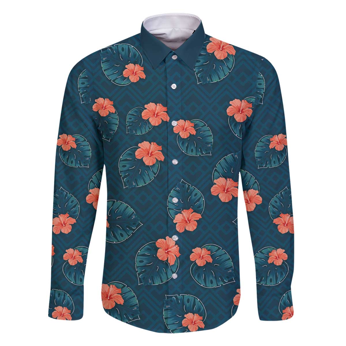 Hawaii Monstera Family Matching Off The Shoulder Long Sleeve Dress and Hawaiian Shirt Hibiscus Flowers Simple Style DT05 Dad's Shirt - Long Sleeve Dark Teal - Polynesian Pride