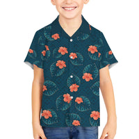 Hawaii Monstera Family Matching Off The Shoulder Long Sleeve Dress and Hawaiian Shirt Hibiscus Flowers Simple Style DT05 Son's Shirt Dark Teal - Polynesian Pride