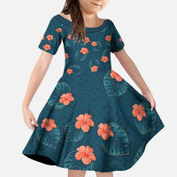 Hawaii Monstera Family Matching Off Shoulder Maxi Dress and Hawaiian Shirt Hibiscus Flowers Simple Style DT05 Daughter's Dress Dark Teal - Polynesian Pride