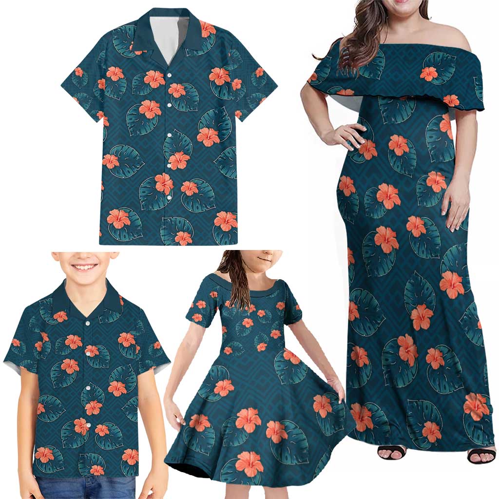 Hawaii Monstera Family Matching Off Shoulder Maxi Dress and Hawaiian Shirt Hibiscus Flowers Simple Style DT05 - Polynesian Pride