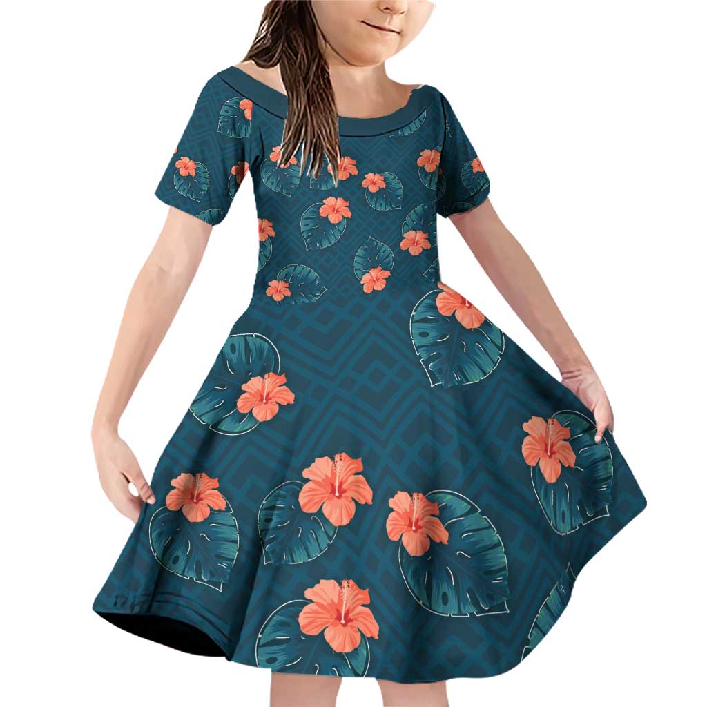 Hawaii Monstera Family Matching Off Shoulder Short Dress and Hawaiian Shirt Hibiscus Flowers Simple Style DT05 Daughter's Dress Dark Teal - Polynesian Pride