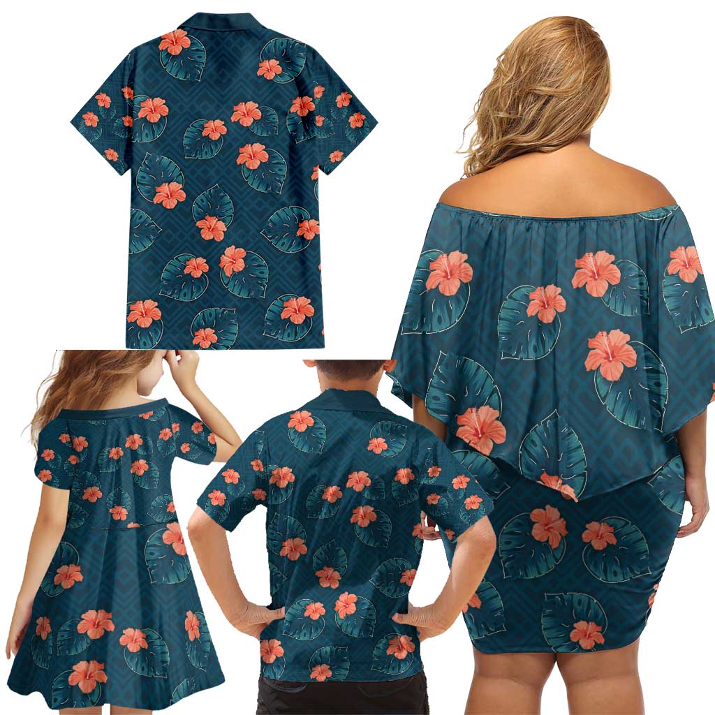 Hawaii Monstera Family Matching Off Shoulder Short Dress and Hawaiian Shirt Hibiscus Flowers Simple Style DT05 - Polynesian Pride