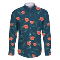 Hawaii Monstera Family Matching Off Shoulder Short Dress and Hawaiian Shirt Hibiscus Flowers Simple Style DT05 Dad's Shirt - Long Sleeve Dark Teal - Polynesian Pride