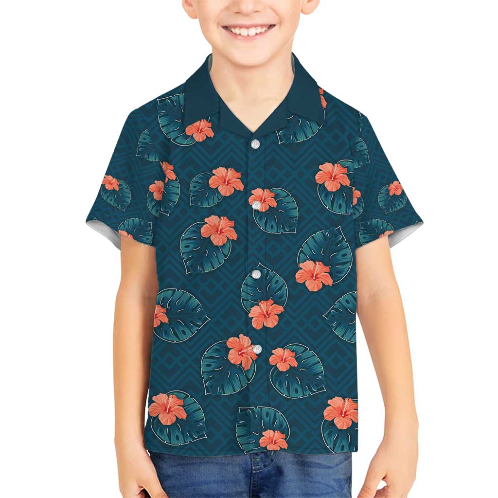 Hawaii Monstera Family Matching Off Shoulder Short Dress and Hawaiian Shirt Hibiscus Flowers Simple Style DT05 Son's Shirt Dark Teal - Polynesian Pride