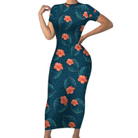 Hawaii Monstera Family Matching Short Sleeve Bodycon Dress and Hawaiian Shirt Hibiscus Flowers Simple Style DT05 Mom's Dress Dark Teal - Polynesian Pride