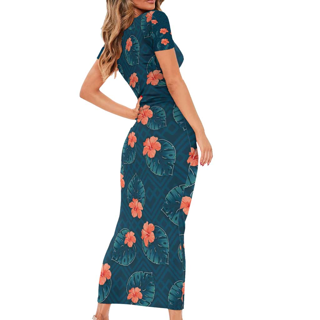 Hawaii Monstera Family Matching Short Sleeve Bodycon Dress and Hawaiian Shirt Hibiscus Flowers Simple Style DT05 - Polynesian Pride