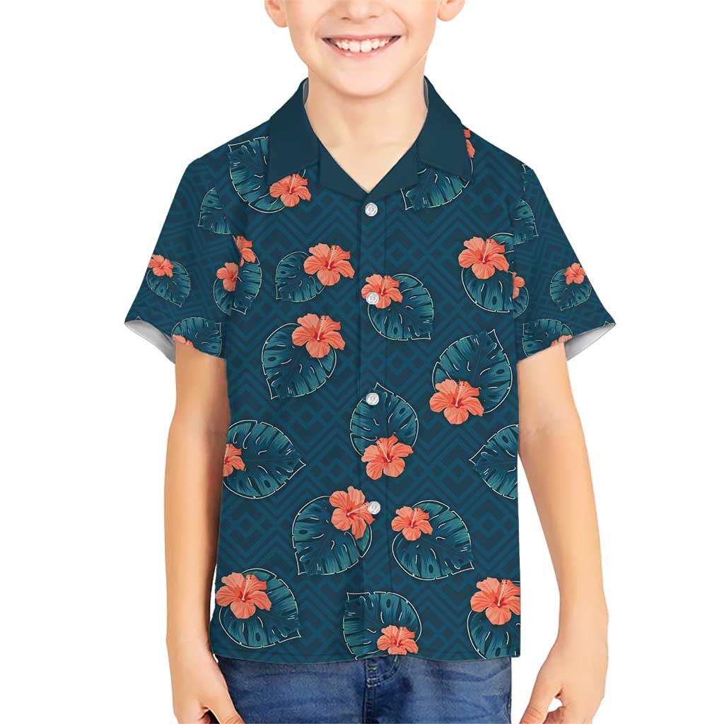 Hawaii Monstera Family Matching Short Sleeve Bodycon Dress and Hawaiian Shirt Hibiscus Flowers Simple Style DT05 Son's Shirt Dark Teal - Polynesian Pride
