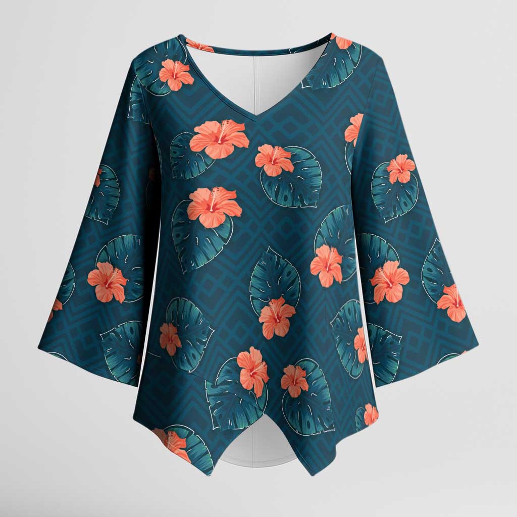 Hawaii Monstera Kimono Sleeve Blouse Hibiscus Flowers Simple Style DT05 Female Dark Teal - Polynesian Pride