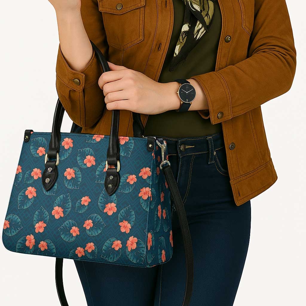 Hawaii Monstera Leather Bag Hibiscus Flowers Simple Style - Polynesian Pride