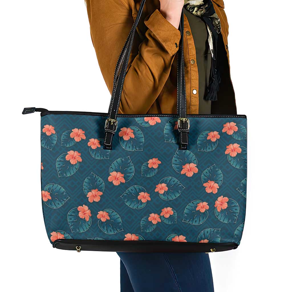 Hawaii Monstera Leather Tote Bag Hibiscus Flowers Simple Style - Polynesian Pride