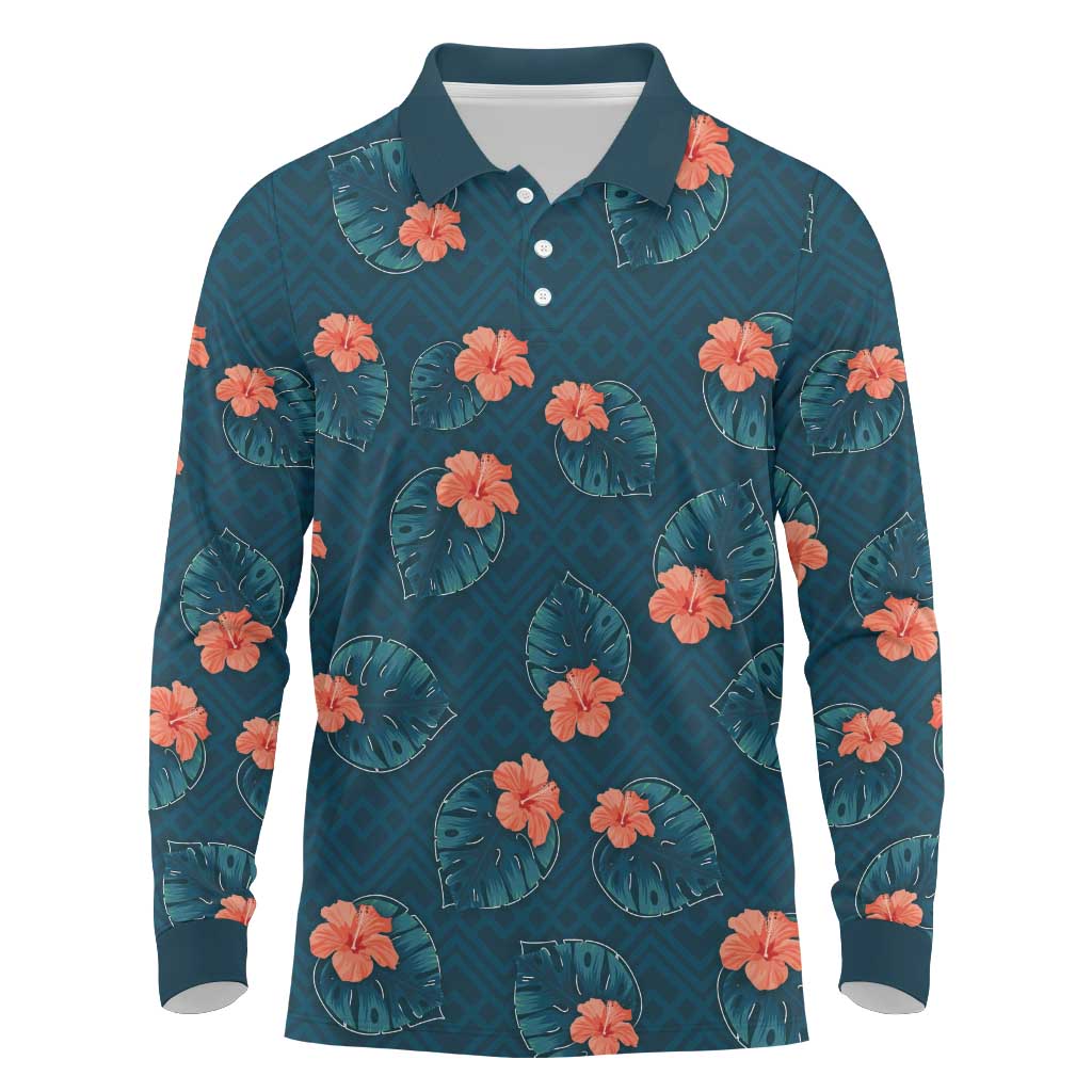 Hawaii Monstera Long Sleeve Polo Shirt Hibiscus Flowers Simple Style DT05 Dark Teal - Polynesian Pride