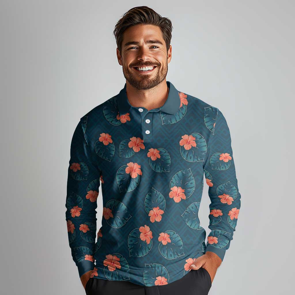 Hawaii Monstera Long Sleeve Polo Shirt Hibiscus Flowers Simple Style DT05 - Polynesian Pride