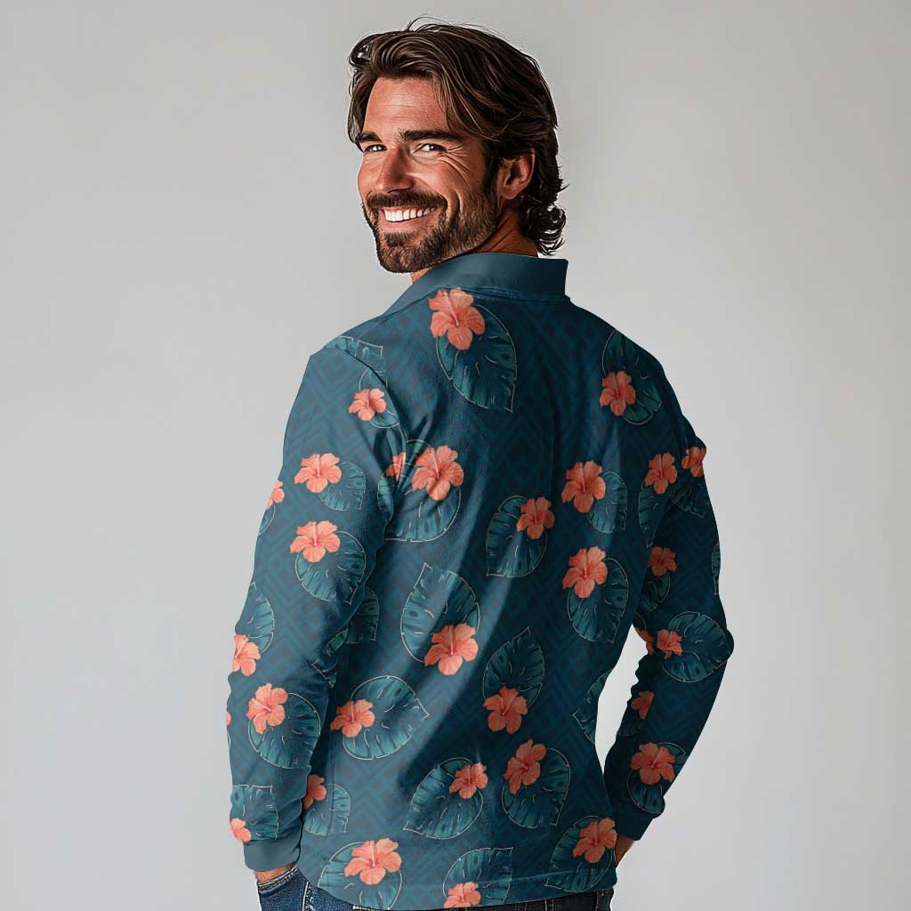Hawaii Monstera Long Sleeve Polo Shirt Hibiscus Flowers Simple Style DT05 - Polynesian Pride