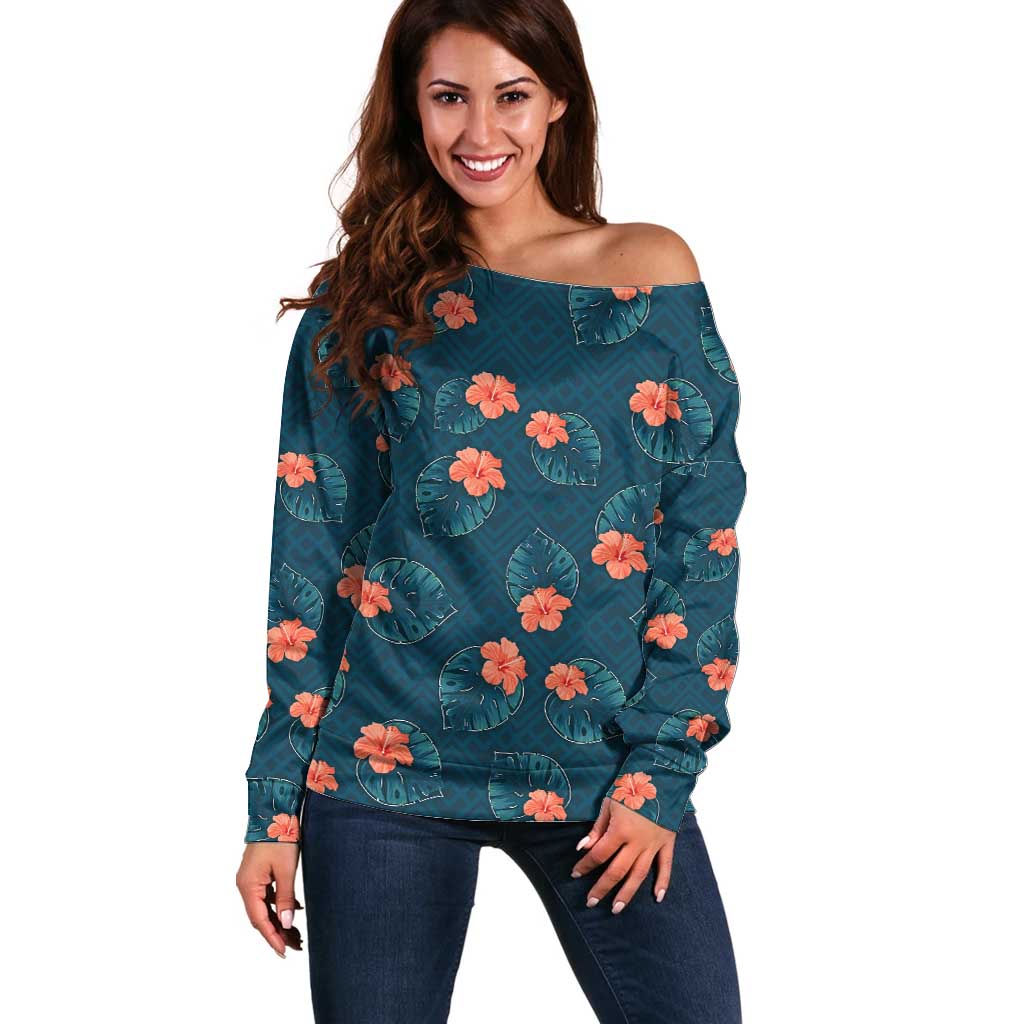 Hawaii Monstera Off Shoulder Sweater Hibiscus Flowers Simple Style - Polynesian Pride