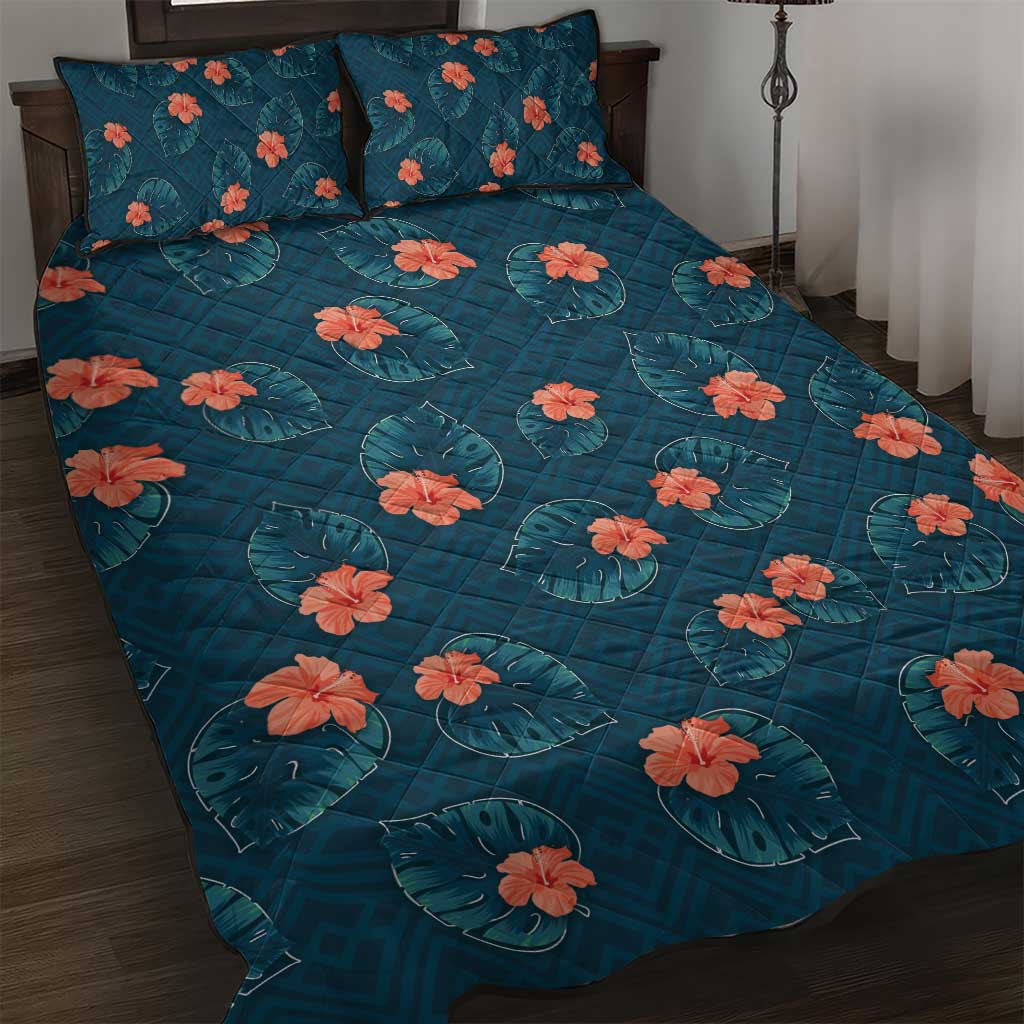 Hawaii Monstera Quilt Bed Set Hibiscus Flowers Simple Style - Polynesian Pride
