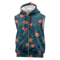 Hawaii Monstera Sleeveless Zip Hoodie Hibiscus Flowers Simple Style - Polynesian Pride