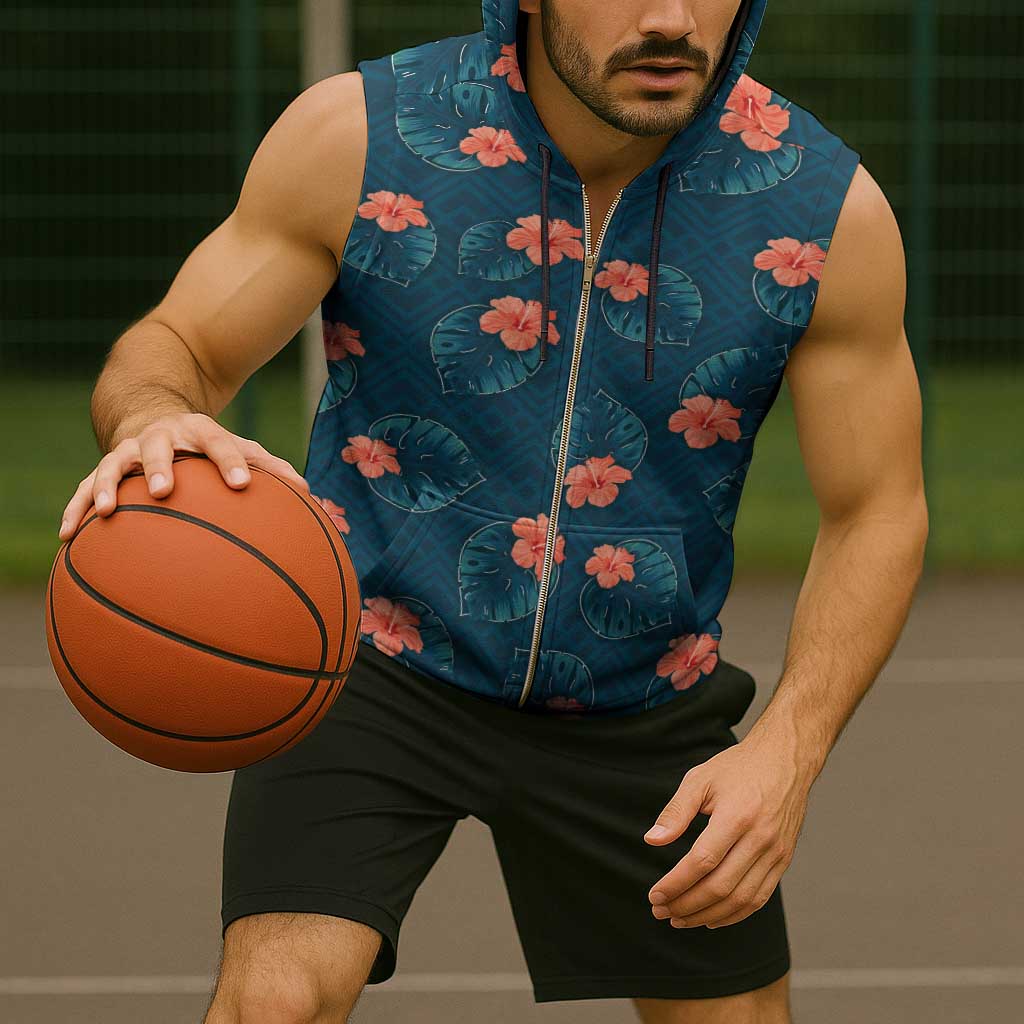 Hawaii Monstera Sleeveless Zip Hoodie Hibiscus Flowers Simple Style - Polynesian Pride