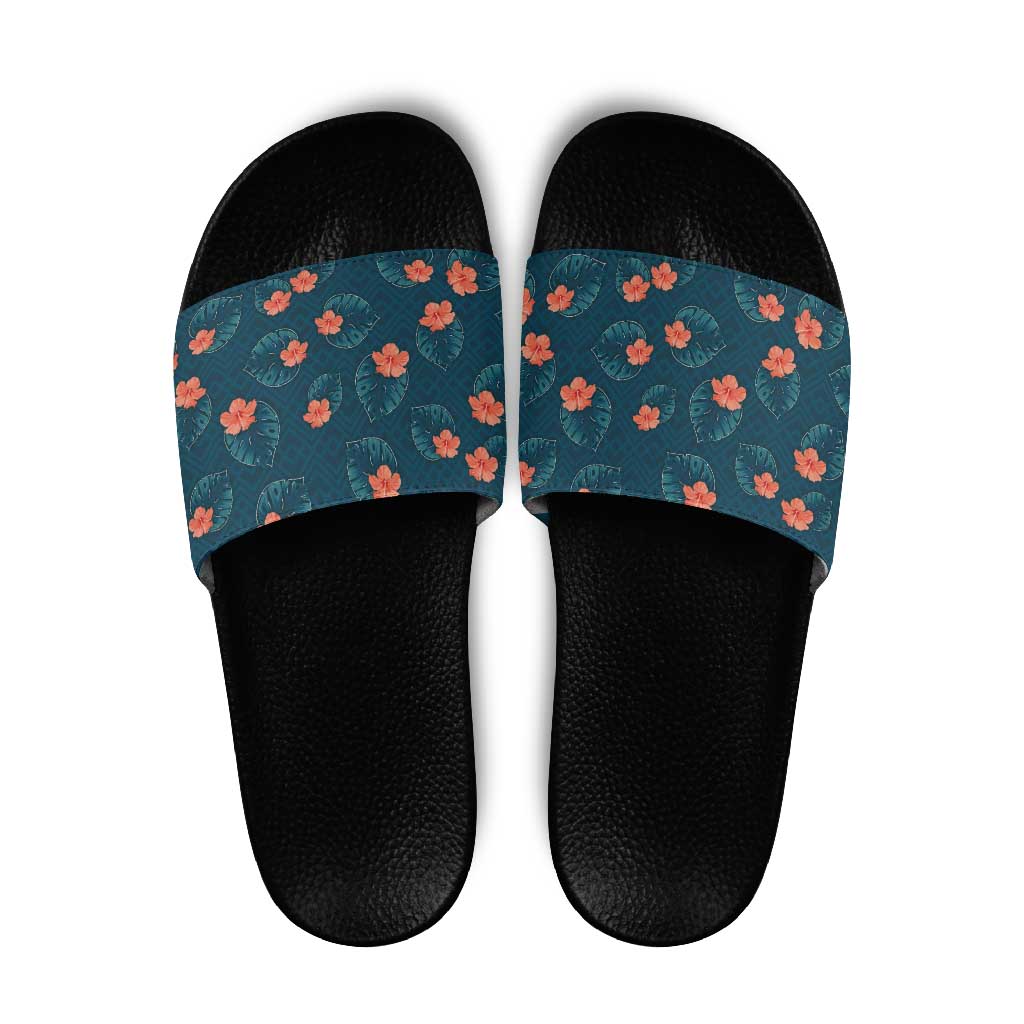 Hawaii Monstera Slide Sandals Hibiscus Flowers Simple Style - Polynesian Pride
