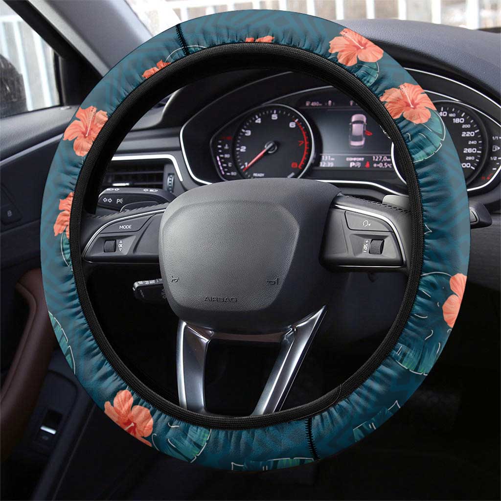 Hawaii Monstera Steering Wheel Cover Hibiscus Flowers Simple Style - Polynesian Pride