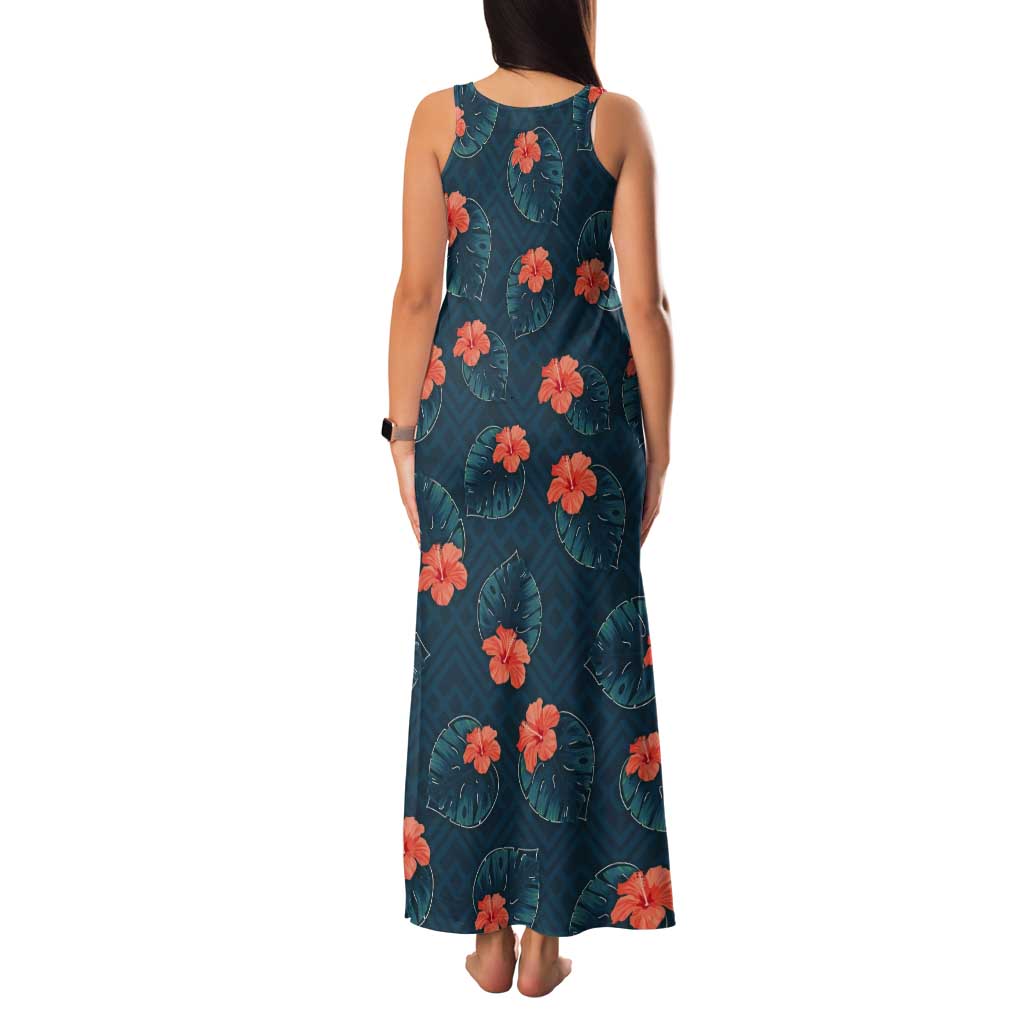 Hawaii Monstera Tank Maxi Dress Hibiscus Flowers Simple Style - Polynesian Pride