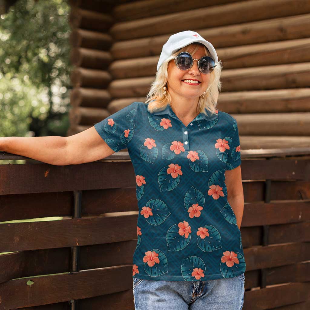 Hawaii Monstera Women Polo Shirt Hibiscus Flowers Simple Style - Polynesian Pride