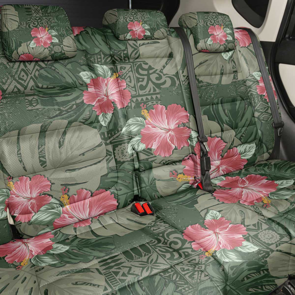 Hawaii Back Car Seat Cover Green Polynesian Monstera Patterns - Polynesian Pride