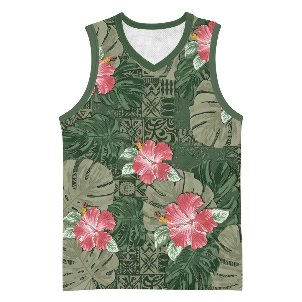 Hawaii Basketball Jersey Green Polynesian Monstera Patterns - Polynesian Pride