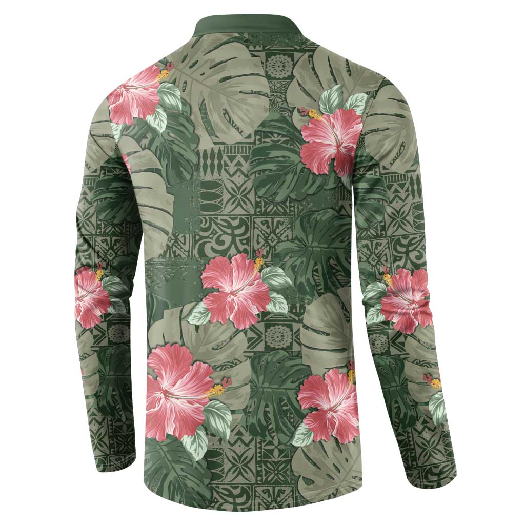 Hawaii Button Sweatshirt Green Polynesian Monstera Patterns - Polynesian Pride
