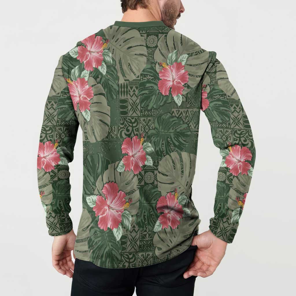 Hawaii Button Sweatshirt Green Polynesian Monstera Patterns - Polynesian Pride
