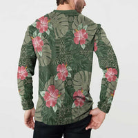 Hawaii Button Sweatshirt Green Polynesian Monstera Patterns - Polynesian Pride